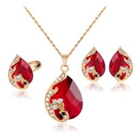 Wholesale Gold Plated Jewelry Set Crystal Golden Peacock Waterdrop Pendant Necklace Stud Earrings Finger Ring Set Women Bride Wedding Jewelry