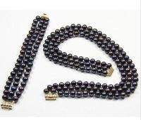 Wholesale 3 ROW mm natural tahitian black pearl necklace bracelet set yellow clasp