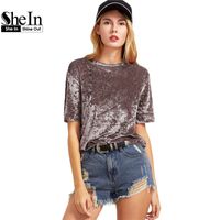 Wholesale SheIn T shirt Women Summer Womens Tops Coffee Short Sleeve Crushed Velvet T shirt Casual Womens Tee Shirts