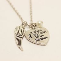Wholesale A piece of my heart lives in heaven heart necklace Hand Stamped Angel wings with pearl pendant Necklace Gift women Jewelry