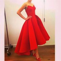 Wholesale Vintage Hi Low Prom Dresses V Neck Sleeveless Puffy Skirt Red Satin Evening Dress Arabric Formal Party Gowns Cheap Price