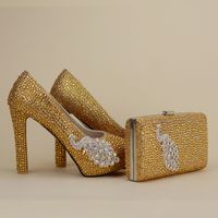 Wholesale Newest Designer Unique Phenix Decoration Gold Rhinestine Shoes With Matching Bag Party Proms Bridal Wedding High Heels Women Stiletto