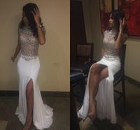 Wholesale Sexy White Split Prom Dresses High Neck Cap Sleeves Sequins Crystal Beaded Elastic Satin Black Girls Prom Dress Evening Party Gowns