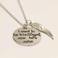 Wholesale I Used to be His Angel Now he s mine necklace Memorial Gift Guardian Angel wing Antique Silver Hand Stamped Necklace