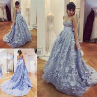 Wholesale Dusty Blue Sweetheart Prom Dresses Sexy Bodice Exposed Boning Lace Appliques Evening Gowns With Big Bow Backless Sweep Train Arabic Dress
