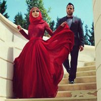 Wholesale Muslim Arabic Evening Dresses Red Long Sleeve Bow Lace Chiffon Modest Design Prom Dress Party Gowns Custom Size