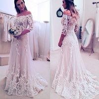 Wholesale Modest Lace off the Shoulder Wedding Dresses Bridal Gowns Custom Made Elegant Long Sleeves Wedding Dress A Line Sweep Train