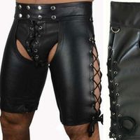 Wholesale Black Sexy Tight Skinny Men s Leather Shorts Buttons And Bandage Details Front Faux Leather Short Pants Men s Casual Shorts