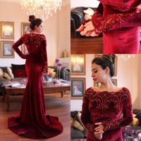 Wholesale 2019 Arabic Islamic Abaya in Dubai Muslim Evening Dresses Scoop Neck Dark Red Velvet Lace Crystal Beads Long Sleeve Mermaid Party Prom Gowns