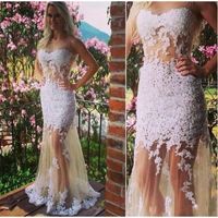 Wholesale Sexy Wedding Dress Mermaid Sleeveless Jewel Floor Length Lace Applique See Through Tulle Formal Bridal Gowns