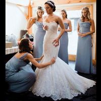 Wholesale 2019 Simple Design Long Mermaid Wedding Dresses Strapless Full Lace Sweep Train Bridal Gowns Custom Size Fashion