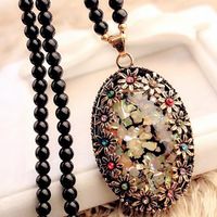 Wholesale Retail style Carved Flower Natural Shells beaded necklace Retro Style blue element long sweater chain Pendant necklace Hip Hop Jewelry NE611