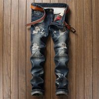 Wholesale New Destroyed Slim Fit Mens Blue Jeans Ripped Pants Quality Brand Clothing EU Style Mid Stripe Moto Jeans Patchwork Men