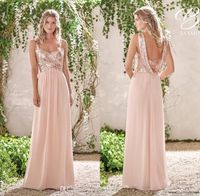 Wholesale Rose Gold Bridesmaid Dresses A Line Spaghetti Backless Sequins Chiffon Cheap Long Beach Wedding Guest Bridesmaids Dress Maid of Honor Gowns