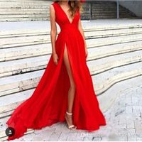 Wholesale New Red Evening Dresses Deep V Neck Formal Prom Dress Sweep Train Piping Side Split Modern Long Skirt Transparent Pageant Party Gowns