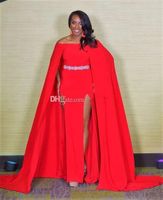 Wholesale Sexy Miss USA Formal Evening Gowns Red Off Shoulder A Line Beaded Belt Front Split with Cap Dresses Evening Wear Long Prom Gowns
