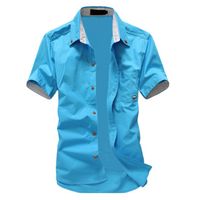 Wholesale Fashion mens shirt summer short sleeve slim shirt casual Small Mushroom Embroidery men s shirt sky blue