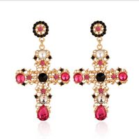 Wholesale Women New Vintage Dangle Earrings Jewelry Black Blue Red Crystal Hollow Out Crosses DropBohemian Large Long Earring Party Gifts SD