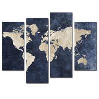 4 Panneaux Bleu Carte Encre Peinture Carte Du Monde Avec Mazarine Image Imprimer Sur Toile Prêt à Accrocher Pour La Maison Mur Décor En Bois Encadré