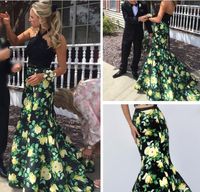 Wholesale Custom Made Floral Print Two Piece Mermaid Prom Dress Halter Beaded Lace Taffeta Floor Length Flowers PC Pageant Evening Gown