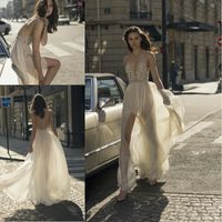Wholesale Liz Martinez Sexy Illusion See through Bohemian Wedding Dresses with High Splits Beaded Lace Appliqued Backless Beach Bridal Gowns