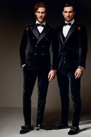 Wholesale Winter Black Velvet Formal Men Suits Two Styles Groom Groomsmen Tuxedos Peak Lapel Wedding Morning Suits Jacket Pants Vest Bow Tie
