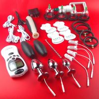 Wholesale 2017 HOT Electric Shock Therapy Kit Bondage BDSM Gear Urethral Plug Nipple Clips Anal Vaginal Dildo Gloves Cock Penis Ring Cupping Sex Toys