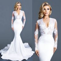 Wholesale White Lace Mermaid Wedding Dresses With Long Sleeves Deep V Neck Bridal Gowns Sweep Train Satin Appliques Trumpet Wedding Dress