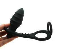 Wholesale Fantasy Male Prostate Massager Anal Vibrator Silicone Vibrating Butt Plug Penis Ring Chastity Device Cock Ring Sex Toys For Men q0511