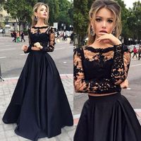 Wholesale Black Lace And Satin Two Pieces Prom Dresses With Long Sleeves Sheer Neck Formal Party Gowns Zipper Back Evening Dresses Vestidos De Novia