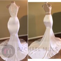 Wholesale New Hot Halter High Neck White Prom Dresses Criss Cross Backless Mermaid Lace Top Satin Long Train Evening Gowns Formal Robe de soriee
