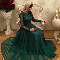 Wholesale Hunter Green Chiffon Evening Dresses A Line Winter Style Full Sleeve Formal Gowns See Through Appliques Scalloped Vestidos Custom Made