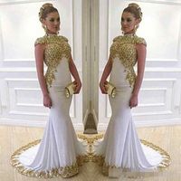 Wholesale 2019 Stunning White Long Evening Dress High Neck Cap Sleeve Beaded Gold Lace Appliques Stretch Satin Mermaid Women Formal Gowns
