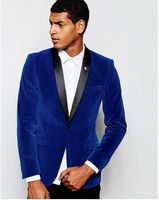 Wholesale Groomsmen Shawl Lapel Groom Tuxedos Velvet Royal Blue Jacket Men Suits Wedding Best Man Jacket Pants Tie Hankerchief B893