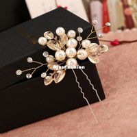 Wholesale 6 Gold Flower Leaf U shape Hair Sticks Pearl Clip Vintage Hair Pins Wedding Accessories Crystal Bridal Head piece Jewelry