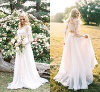 Wholesale 2018 Cheap Two Piece Bohemian Country Wedding Dresses Lace Long Sleeves Summer Beach Bridal Gowns Chiffon A Line vestidos de novia BA6815