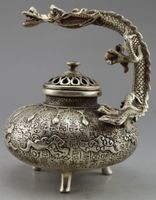 Tibet White Copper Old Hand Hammered Embossment Dragon Exorcism Incense Burner