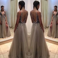 Wholesale Cheap Sexy Long Deep V neck Prom Dress Front Split Sparkly Bodice Sleevless Evening Party Gown Custom Made Plus Size