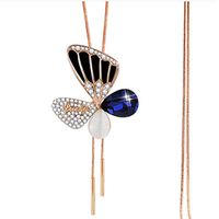 Wholesale Fashion Designer Real Gold Plating Charm Sweater Necklaces Inspiration Opal Czech Crystal Butterfly Pendant Clavicle Chain Accessories Fine Jewelry For Women