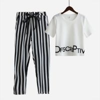 Wholesale Womens Set Summer White Letter Printed T Shirt Sexy Cropped Tops Striped Pants Calf Length Casual Tracksuit S65347R