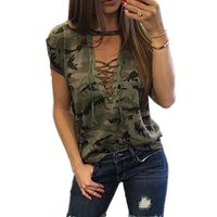 Wholesale New Fashion Women Ladies Short Sleeve Camouflage Loose Blouse Summer Lace Up Casual Blouses Shirts Tops