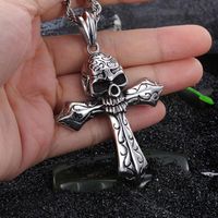 Wholesale Cool Large Biker L Stainless steel Skeleton skull Cross Pendant Men s Rope Necklace Gothic Jewelry Vintage