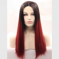 Wholesale cheap Synthetic Lace Wigs Straight African American Wig Middle Part Natural Hairline Dark Roots Burgundy Dark Red Ombre Hair