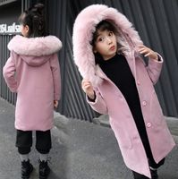 Wholesale Big girls woolen trench coat winter children faux fur hooded thicken warmer overcoat kids double pocket pink princess outwear R1708