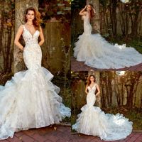 Wholesale 2019 Eve of Milady Mermaid Wedding Dresses V Neck Backless Lace Bridal Gowns Tiered Skirt vestido de novia Sweep Train Wedding Gowns Custom