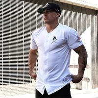 Wholesale New Mens Short sleeve T shirt Gyms Fitness Workout t shirt Male Summer Casual Fashion cardigan Slim Tee Tops clothing