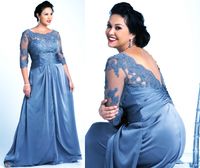 Wholesale Plus Size Gray Mother Of The Bride Dresses With Sleeves Scoop Neck Lace Chiffon Women Formal Gowns DH4036