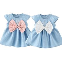 Wholesale 2 colors hot Korean styles New Arrivals baby girl short sleeve dress o enck back with bow denim infant girl dress