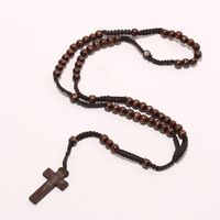 Wholesale Men Women Catholic Christ Wooden mm Rosary Bead Cross Pendant Woven Rope Necklace Black brown Beige