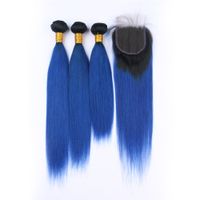 Wholesale Ombre Dark Blue Virgin Remy Human Hair Bundles with Closure Silky Straight B Blue Tone Ombre Brazilian Hair Weaves with Lace Closure x4
